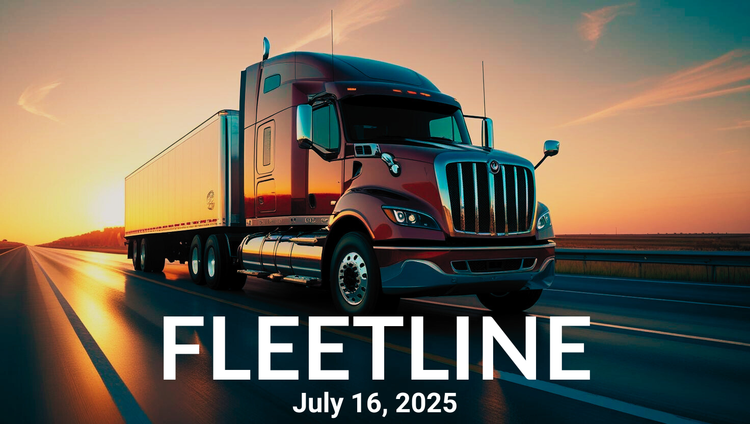 Fleetline: July 16, 2025 text with a semi truck heading down the highway at sunrise