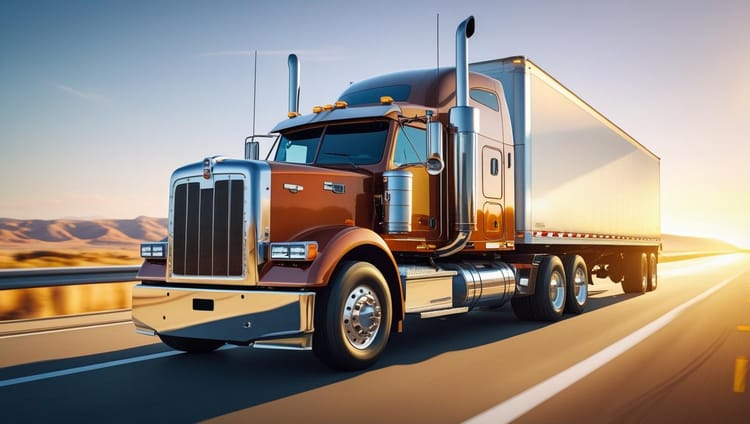 A wide-angle photo of a semi truck going down a highway at dawn break