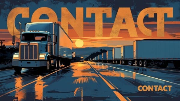 A truck going down the highway with a large Contact in the sky and a smaller Contact on the bottom right with trailers all parked on the side of the highway