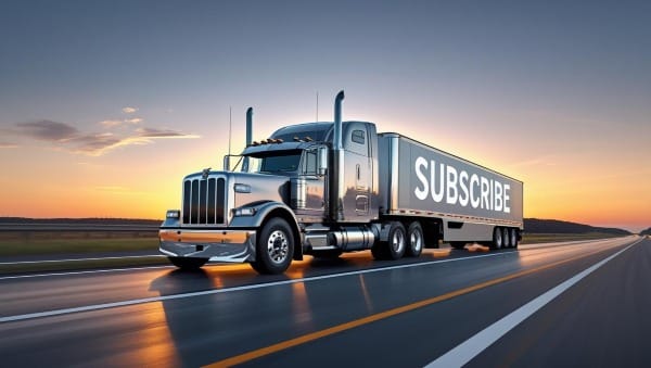 A semi truck going down the highway with the word Subscribe posted across the trai